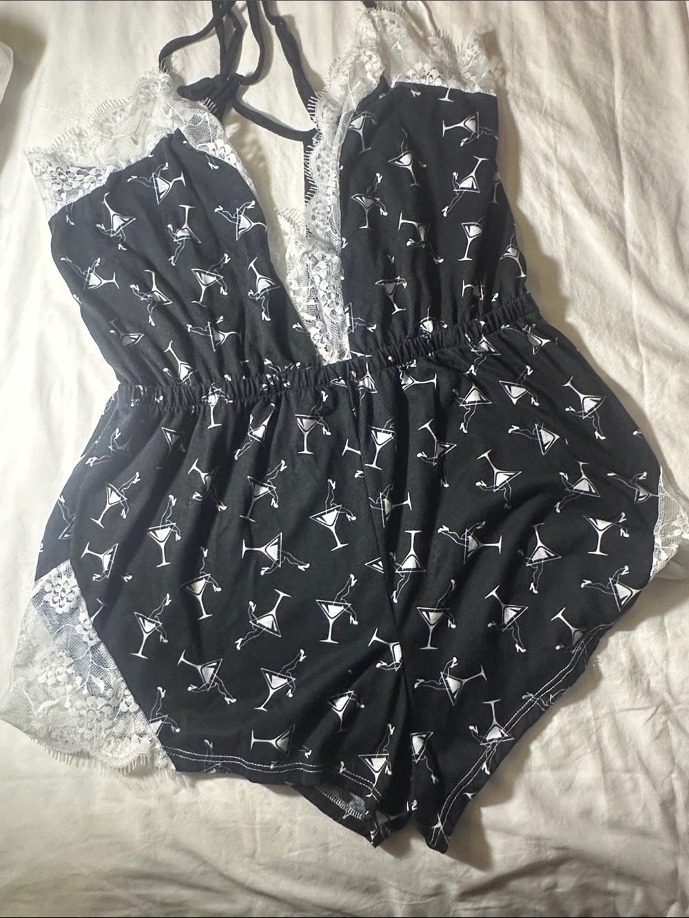 Black Lace-Trim Martini Print Romper Pajama